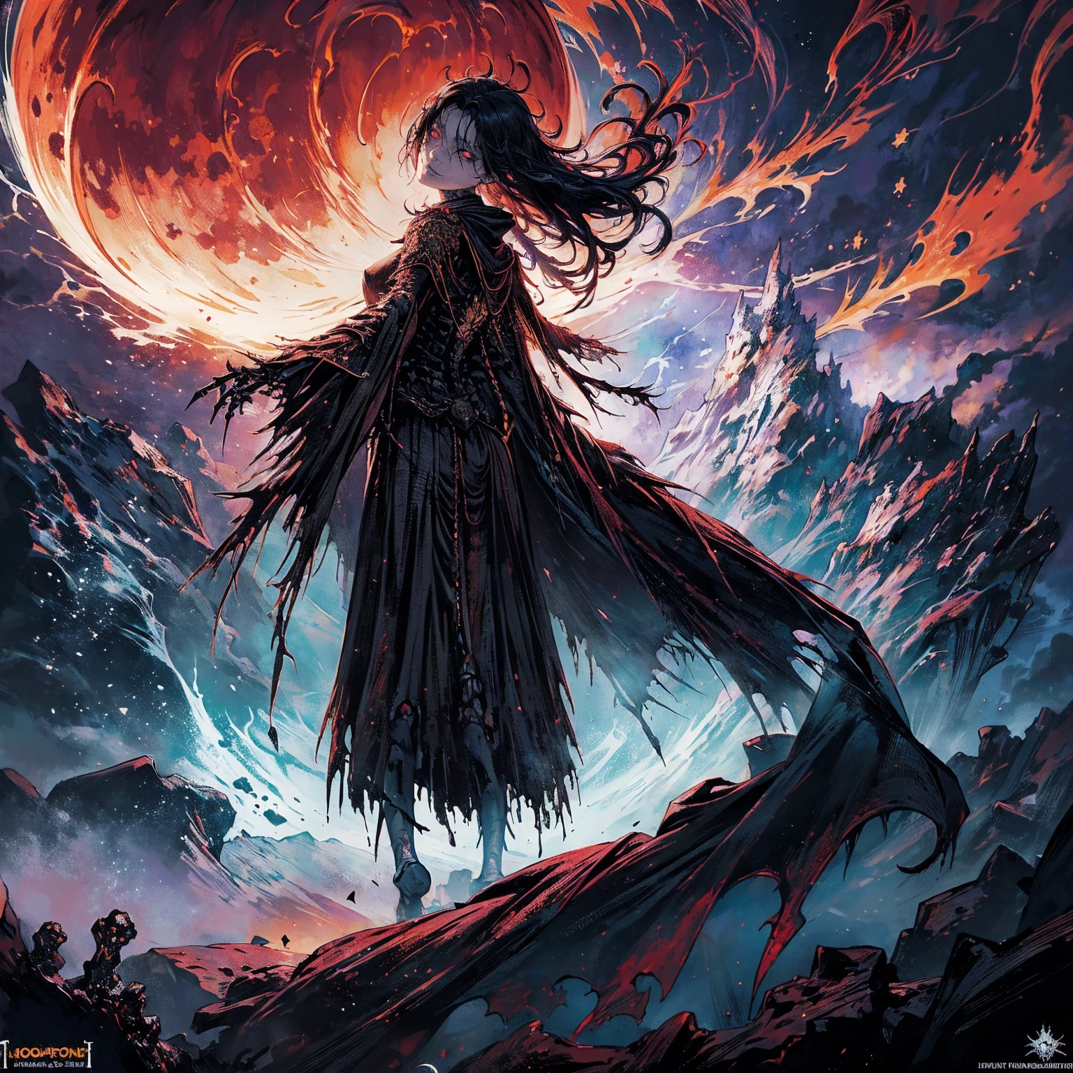 (full body:1.5), (wide shot:1.2), best quality, 4K, high resolution, (masterpiece:1.2), Very detailed, (actual:1.37), (anatomically correct:1.2), Mood lighting, A black hair young undead girl in a long cape, Whole body including hands & arms & legs & feet are all skeleton bones but except the head is still beautiful human face, Wearing a ragged gothic skirt, Shaded expression, Aloofness emotion, Dangerous sneer, beautiful but sorrowful smile, Black tears of blood flowed from eyes, lean on one side floating above ground, Facing the camera, Crucified, Pitch black sky, Blood-red moon, strange atmosphere, Gothic style, Unforgettable beauty, Dramatic shadows, Ethereal Light, Mysterious atmosphere, Necromancer, Dark Magic, Resurrection of the Dead, Resurrected zombies and skeletons roaming around, bone dragon, pathfinder: wrath of the righteous: lich myth path.