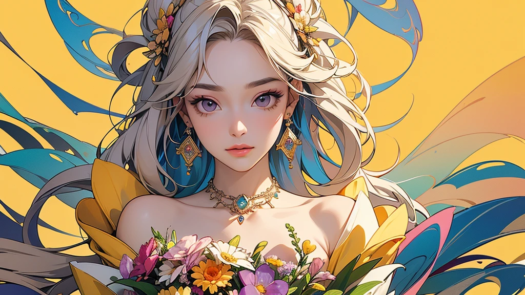 32K, 最高quality, 最高masterpiece, (ultra-Detailed Background, Detailed Background), Absurd, High resolution, Super detailed, Very detailedな, One girl, (bouquet:1.3), (Tangled:1.2), (Geometric:1.2),(colorful),(masterpiece, quality, best quality, Official Art, Beautiful and beautiful:1.2), (1 girl:1.3), Very detailed,(colorful:1.1)(Flowers:1.3),Most detailed,(Tangled:1.2), whole body, (Abstract background:1.3), (Skin glows), (Many colors:1.4), ,(Earrings Jewelry:1.5), Pale yellow background,