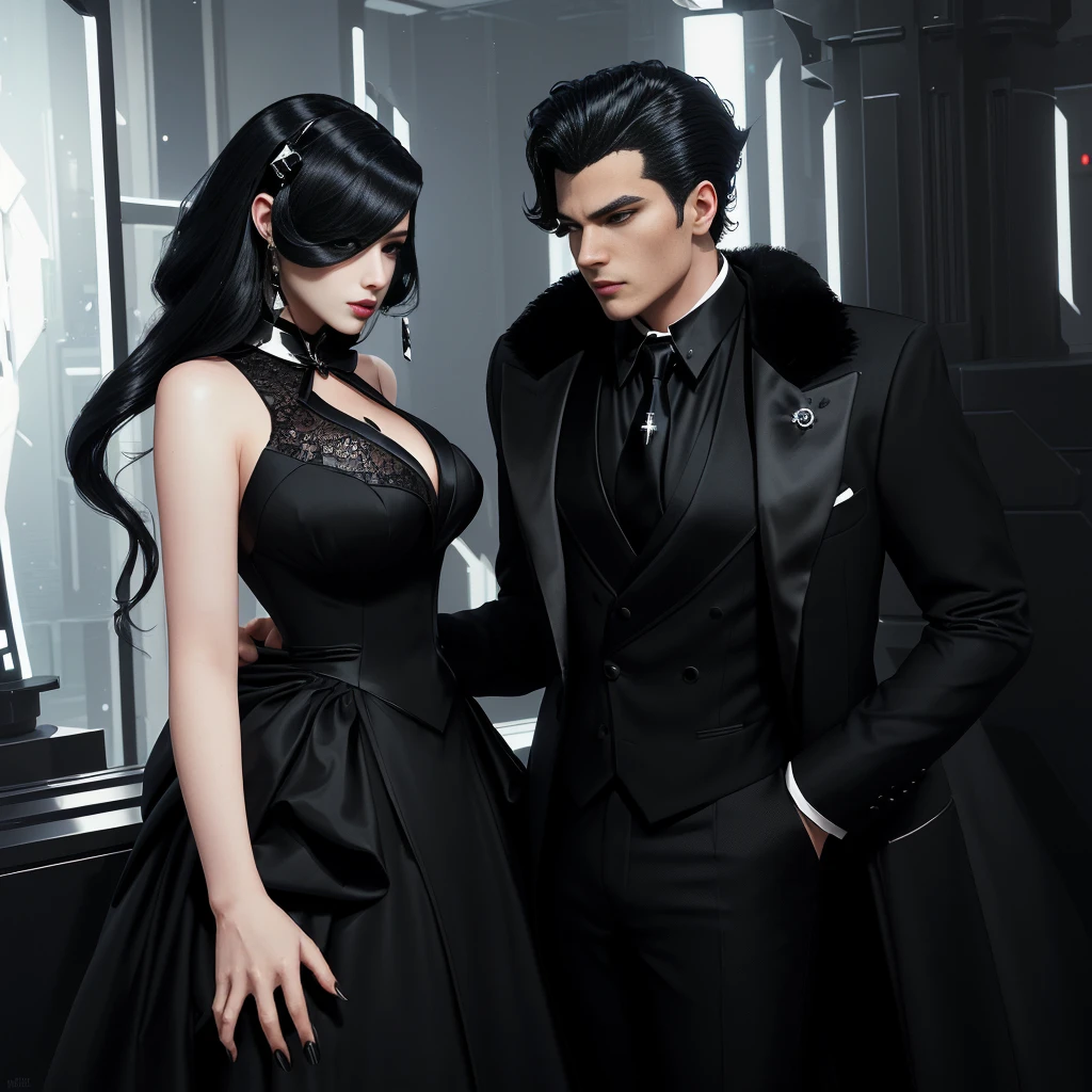 There are two costumed people posing for a photo, neo - noire style, neo noir style, an elegant couple, black necktie, avatar da secondlife, FUTURISTIC BLACK, wearing fancy formal clothes, neo - noire, neo-noir, inspired by Rafael Ritz, neo noir, mysterious glamour, a sheep, secondlife, tumblr