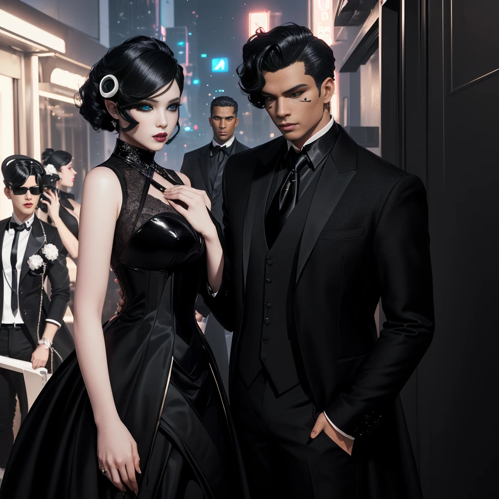 There are two costumed people posing for a photo, neo - noire style, neo noir style, an elegant couple, black necktie, avatar da secondlife, FUTURISTIC BLACK, wearing fancy formal clothes, neo - noire, neo-noir, inspired by Rafael Ritz, neo noir, mysterious glamour, a sheep, secondlife, tumblr
