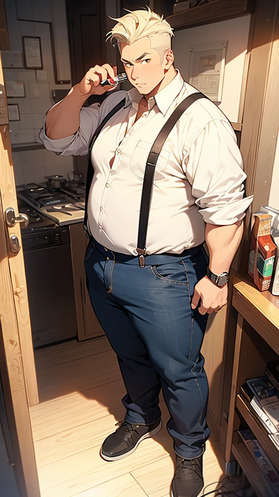 1 young boy, best qualityer, standing alone, Geezer, fatter, Large belly, suspenders, clothes open, chest neckline, wristwatch, white shirt, annoyed face, wide pectorals, blue jeans, muscular male, just, ashen hair, hair slicked back, eyes black, highy detailed, work of art, getting a beer from the fridge.