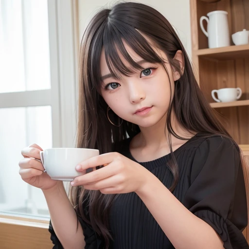 Beautiful consideration,Beautiful lip detail,Very detailed目と顔,Long eyelashes,young outline,Innocent smile,Realistic,photoRealistic:1.37,Very detailed,Professional,Vibrant colors,Studio Lighting,Sharp focus,Physically Based Rendering,High resolution,超High resolution、Wide-angle lens、Wide angle of view、One girl、、blue eyes, Long Hair,Curly Hair、Black Hair,Lower eyelids,White dress,Professionalフィール,The background is inside a coffee shop.、Coffee beans lined up on a cupboard in the background、Place the cake near the audience、Holding a cup of coffee in one hand、Place a retro camera on the edge of the desk