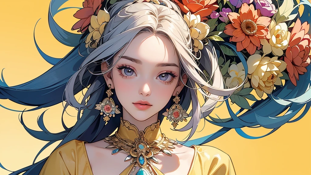 32K, 最高quality, 最高masterpiece, (ultra-Detailed Background, Detailed Background), Absurd, High resolution, Super detailed, Very detailedな, One girl, (bouquet:1.3), (Tangled:1.2), (Geometric:1.2),(colorful),(masterpiece, quality, best quality, Official Art, Beautiful and beautiful:1.2), (1 girl:1.3), Very detailed,(colorful:1.1)(Flowers:1.3),Most detailed,(Tangled:1.2), whole body, (Abstract background:1.3), (Skin glows), (Many colors:1.4), ,(Earrings Jewelry:1.5), Pale yellow background,