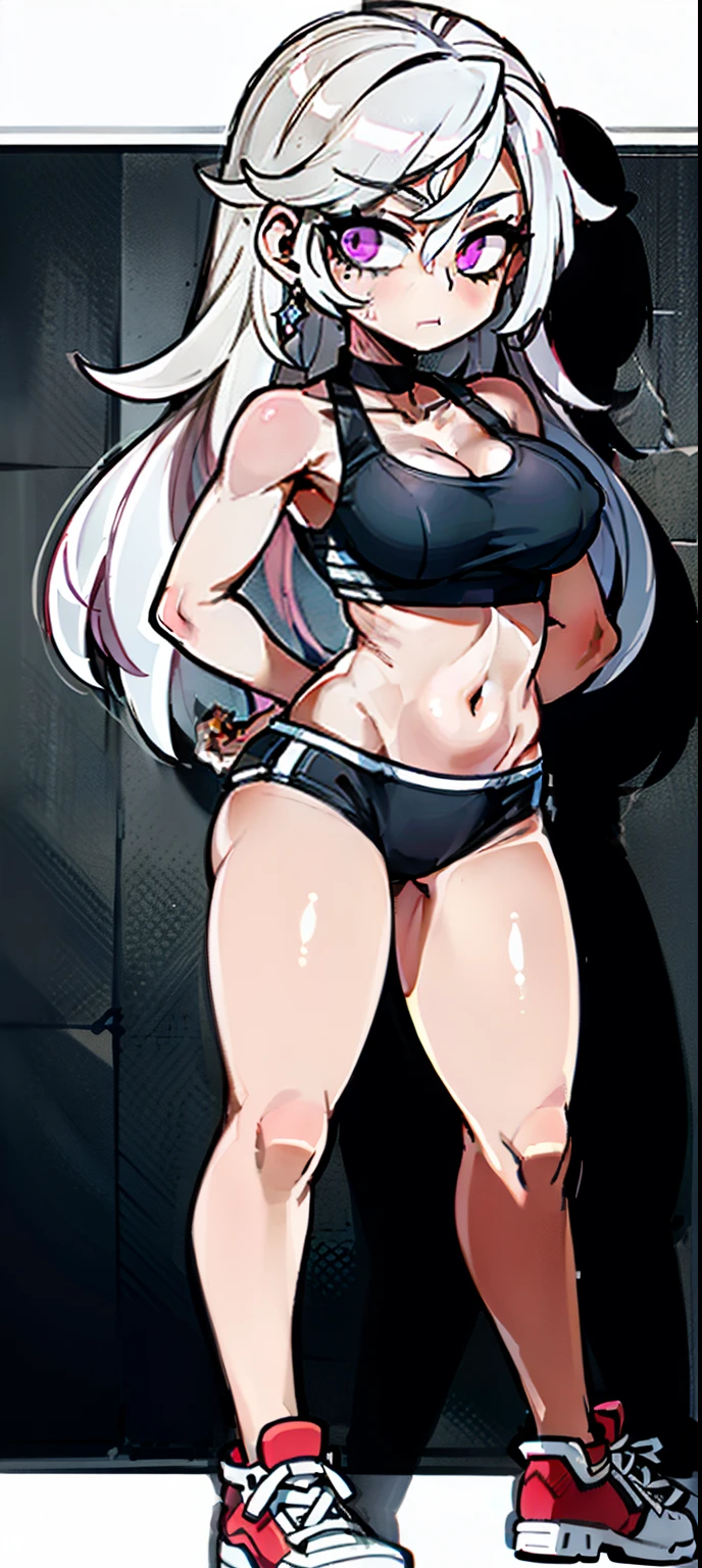 (masterpiece, best quality, 1girl, solo, intricate details, chromatic aberration), realistic, ((medium breath)),long hair, pink hair, red head ornament, pink highlights, hair over one eye,purple eyes, earrings, sharp eyes, choker, neon shirt, open jacket, crop top, (symmetry eyes),(perfect symmetrical body),against wall, brick wall, graffiti, dim lighting, alley ,look at viewer, woman at a gym, cute, front Pose, fitness girl, standing, erect Pose, symetrical, fitness model, skinny, Red sneakers, best qualityer, relaxed arms, hands down, ankle, fullbody view, stand straight with your back upright. Keep your shoulders back and maintain a straight line from your head to your feet, symmetrical frontal view, face aligned,