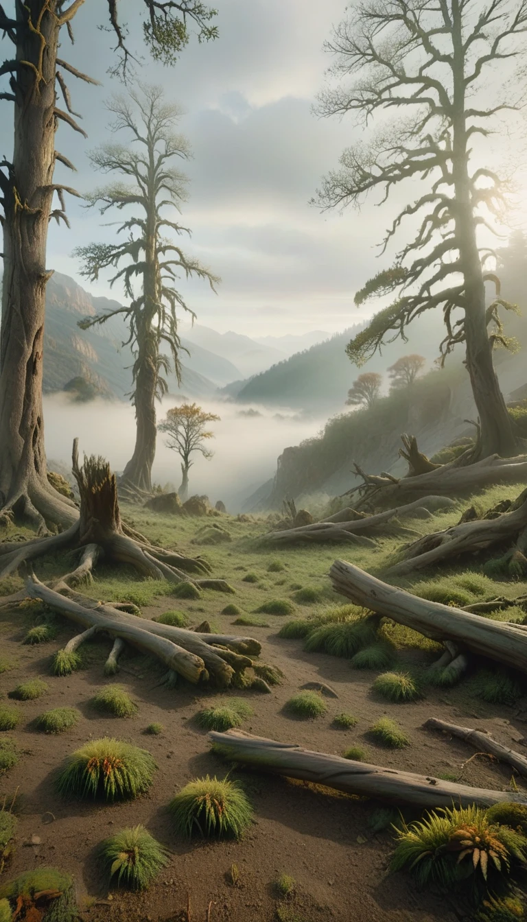 Create a rugged landscape of valleys and mountains, Shrouded in a thick fog, Less sunshine, Has twisted trees and thick trunks, Undergrowth reminiscent of grass and grass, In a hyper-realistic landscape, In dead colors, 4K, Cinema Lighting, Natural light, Film Grain, Cinema Lighting, Attention to detail, Photorealistic, Photorealisticistic, Volumetric lighting and shading  