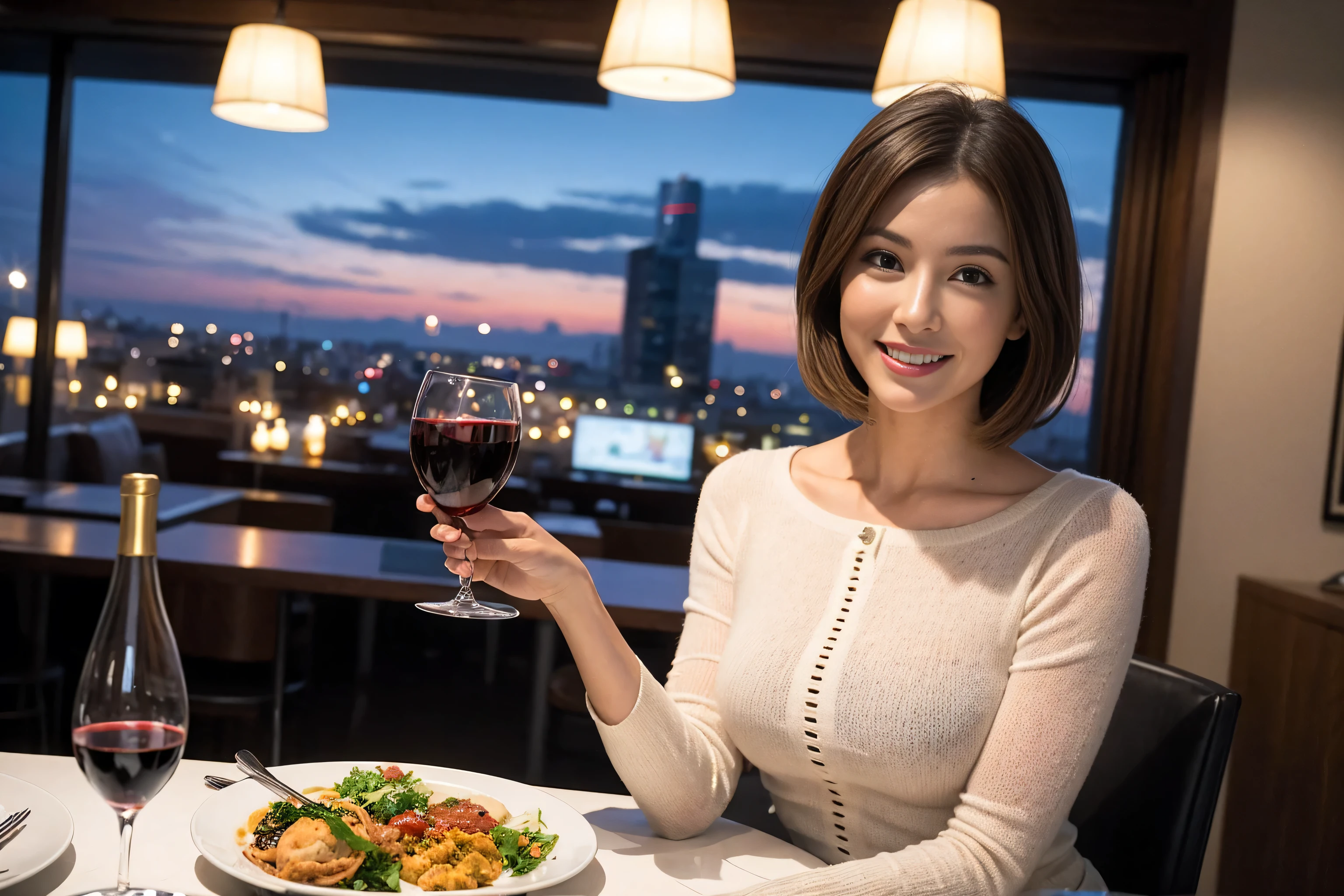 (Realistic:1.1),(masterpiece,Highest quality),8k,(49 years old), 47 years old, slimカップル、Model Couple、actress/actor、Tight waist,Upper Body,full-course dinner、wine 、Amazing view of the sunset sky and clouds、Perfect Anatomy, Brown Hair, short hair,Random Hairstyles,((Highly detailed face and eyes:1.2)),Perfect golden ratio face,Long sleeve shirt、dress,(smile:1.2)、Shortcuts、cute、(Realistic, Intricate details:1.2), A bright smile、short hair,Bright Face、赤wine 、Appetizers、Italian food、wine bottle、Champagne、スパークリングwine、(slimな顔), (The body is slim), (Brown Hair), (Shortcuts), Upper Body, 白wine, slim, wineグラス,