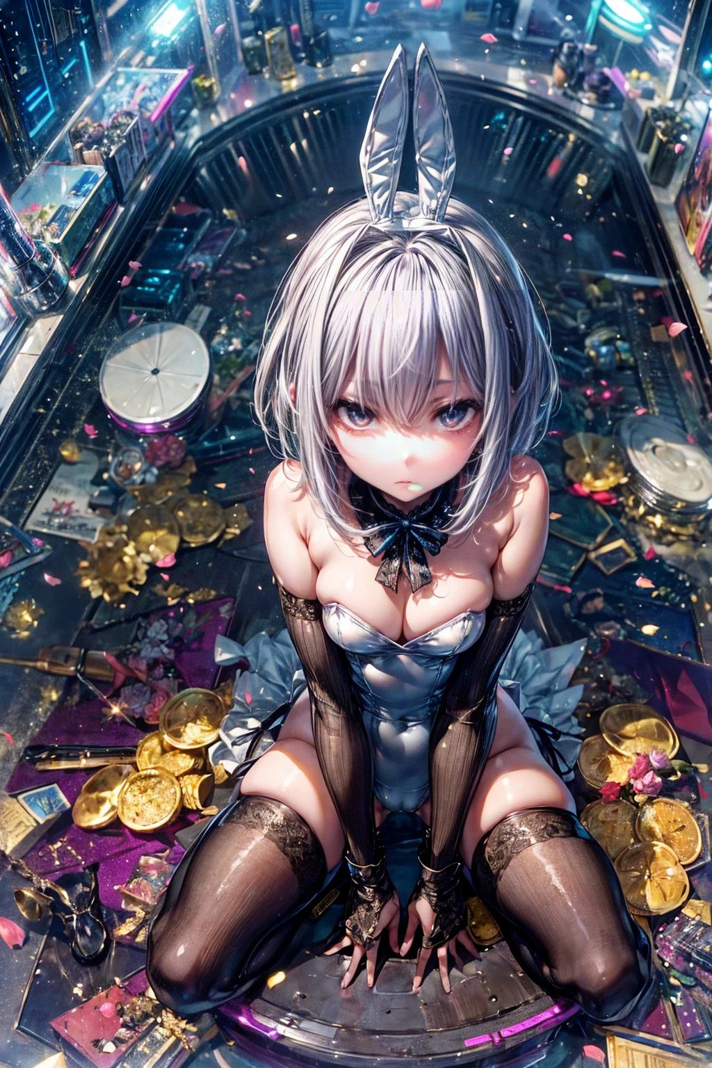 、Highest quality、(Bunny girl)、tights、Enamel Bunny Suit、((Lie face down and spread your legs))、gravure、Silver short hair、Beautiful Eyes、Beautiful Face、Delicate eyes、Expressions of ecstasy、