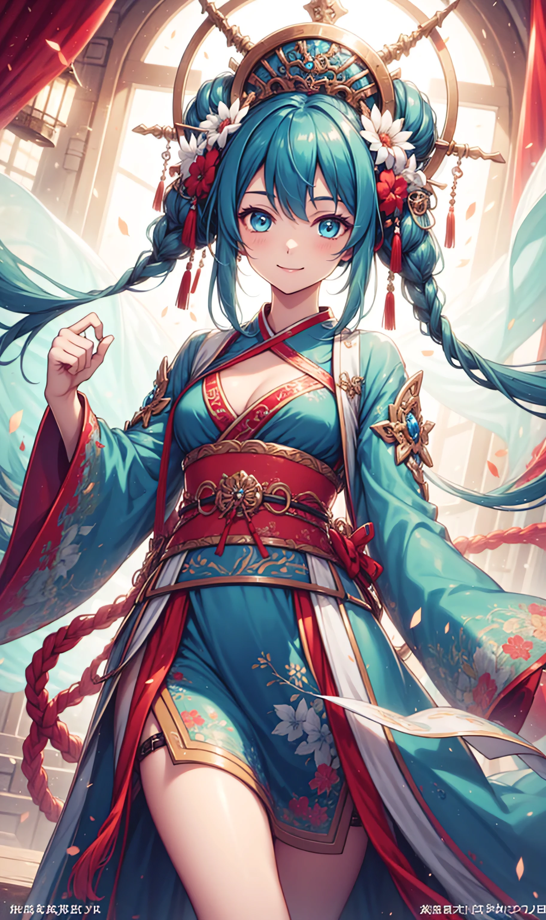 best quality,high resolution,Textured Skin,high quality,High Detail,High Detail,1 Girl,Smile,Hanfu,charm,Cowboy perspective,Intricately designed clothing,Translucent clothing