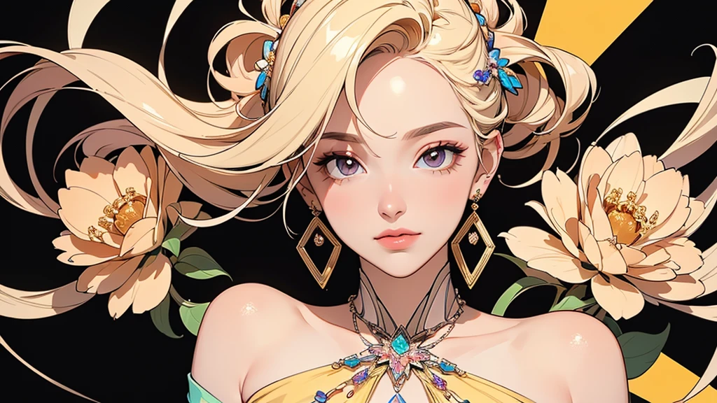 32K, 最高quality, 最高masterpiece, (ultra-Detailed Background, Detailed Background), Absurd, High resolution, Super detailed, Very detailedな, One girl, (bouquet:1.3), (Tangled:1.2), (Geometric:1.2),(colorful),(masterpiece, quality, best quality, Official Art, Beautiful and beautiful:1.2), (1 girl:1.3), Very detailed,(colorful:1.1)(Flowers:1.3),Most detailed,(Tangled:1.2), whole body, (Abstract background:1.3), (Skin glows), (Many colors:1.4), ,(Earrings Jewelry:1.5), Pale yellow background,