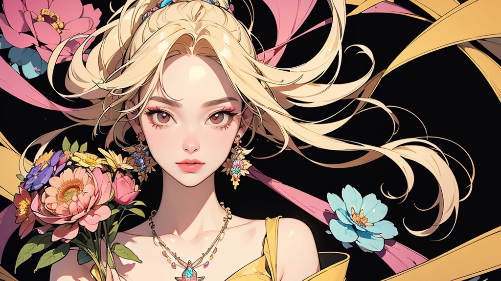 32K, 最高quality, 最高masterpiece, (ultra-Detailed Background, Detailed Background), Absurd, High resolution, Super detailed, Very detailedな, One girl, (bouquet:1.3), (Tangled:1.2), (Geometric:1.2),(colorful),(masterpiece, quality, best quality, Official Art, Beautiful and beautiful:1.2), (1 girl:1.3), Very detailed,(colorful:1.1)(Flowers:1.3),Most detailed,(Tangled:1.2), whole body, (Abstract background:1.3), (Skin glows), (Many colors:1.4), ,(Earrings Jewelry:1.5), Pale yellow background,