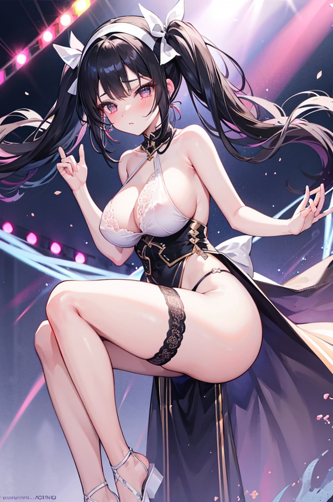 A woman with big ，Black Hair，twintails，Beauty，Black long hair，Bow，Very transparent idol costume，(Lace)，Headband，weak，Sexy，Color，(nsfw:0.8)，lactation，blush，stage，Bright Light，Dance poses，dance to tune，One leg，ahegao，