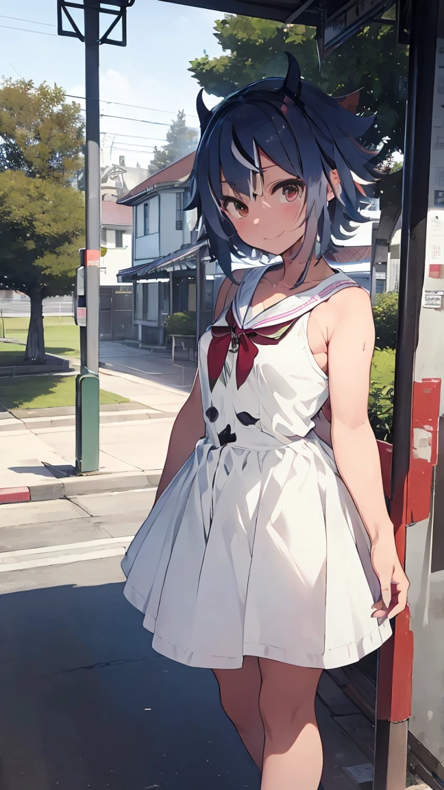 masterpiece, Highest quality, High resolution, Very detailed,(((Mikoto Naruka))), (((white ground)))、(((Plants)))、(((smile)))、(((bus stop))), Wearing a white dress。, Standing in the distance。