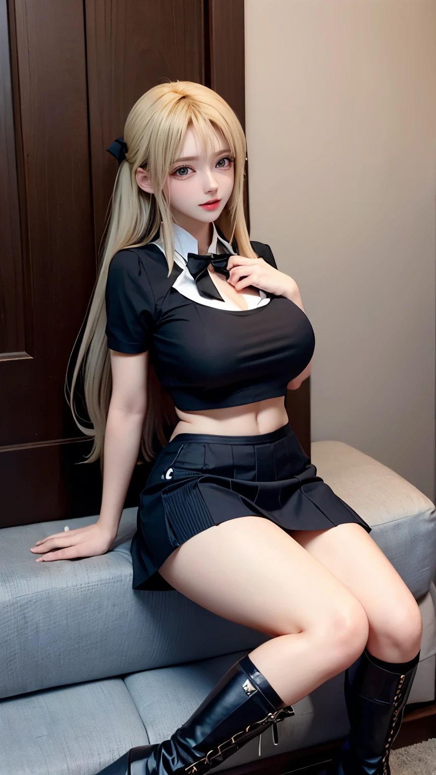 （Very delicate and beautiful：1.2）super model,,Big Breasts,Beautiful breasts,voluptuous,【bike shorts】,,【3girls】,,Highest quality, High resolution, 8k,mini skirt,uniform,Blonde.boots