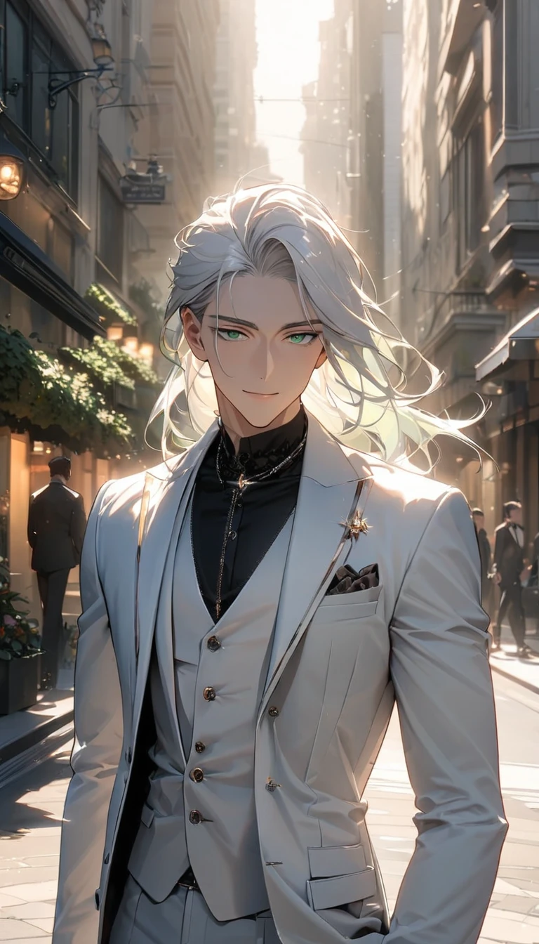 (masterpiece:1.5),best quality,(1 Handsome man),alone,white long length hair,(green eyes), (A soft smile),elegant,perfect face,Luxurious modern clothing,Slightly muscular body,High,8k,Beautiful contrast of light and shadow,(complete upper body),Positive face,((luxury street)),city center,daytime,plant,Flowers,anatomically correct,Black shirt,Luxurious white trench coat,Beautiful Boy,23 years old,Collar Chain,Lapel Pin,Waistcoat,movie lighting effects,