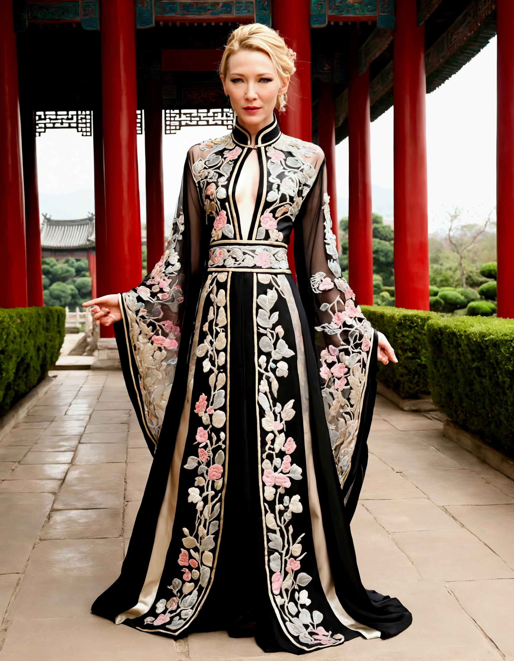 1 woman (Cate Blanchett, age 25, intricate silk Chinese dress with lots of embroidery sheer with several large slits, no underwear, traditional hairstyle and Chinese makeup) wandering through a palace garden
