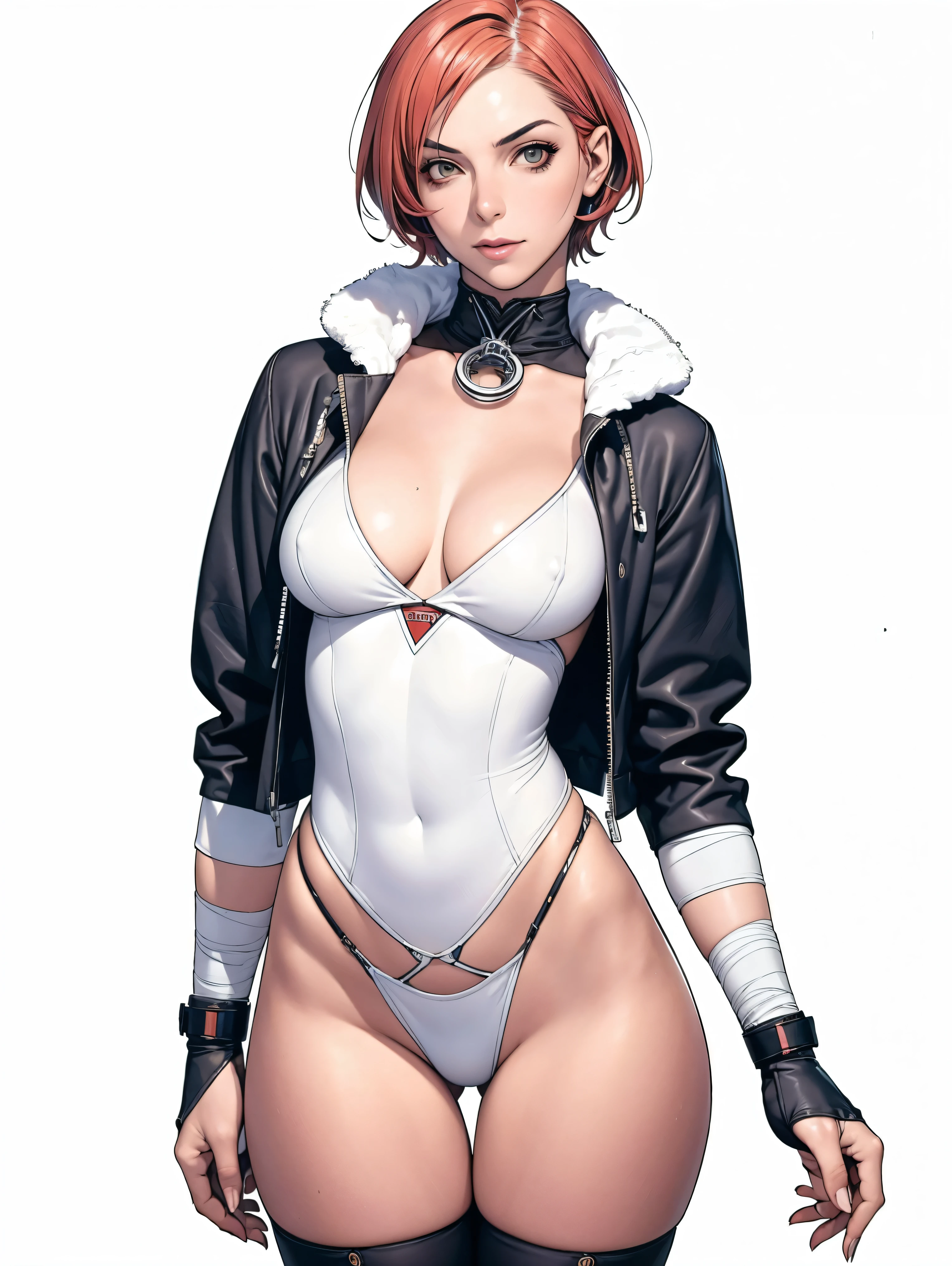 (((Annie Lennox))), (((colorful suit))), (scars), (((bandaged arms))), (((colorful clothes))) (( hood)), (((best quality: 1.4))), (Unbeatable masterpiece), (hyper HD),(CG 8k hyper-realistic), brave face, (((breasts big))), (((hyper feminine))), sexly girl, black tattoo,(ultra short red hair with white highlights)), ((( sculptural body ))), (((1 Kizi))), Kizi tatuada de 25 anos com perfect body,,Beautiful and well-groomed face,muscular body:1.2,solid color detailed jacket, (Head to thigh photos), Complex equipment, ,Tight clothes,With white stars and off-white stripes,,,,,Armor Metal Electronic Parts, Poison tattoos ) INFO, Kizi, (((standing alone))), , 24歳, sexy, pose de attitude, work of art, dancing, ((slight smile)), post-apocalypse, (((manga style))), bounty hunter, the way you want, perfect body, roupa moderna, advanced technology, white, yellow accent, black, red accent, fur collar jacket, sleeves with vertical striped pattern, background city, (( cowboy shot )). intricate visual, narrow waist, (((wide hips))), wide hips, fit thighs, (((thigh gap))), Thigh gap, background shows a futuristic airplane