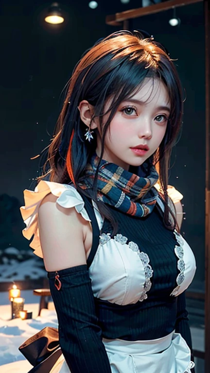 masterpiece,Highest quality,Official Art,Highly detailed CG Unity 8k wallpaper,Large Breasts, One girl, Upper Body, Face close-up,scarf, Maid, Snow Shelter,Exposure Blending, Medium Shot, Bokeh, (High resolution:1.4), High Contrast, (Cinematic, blue green and orange:0.85), (Calm colors, Dim color, Calm tone:1.3),