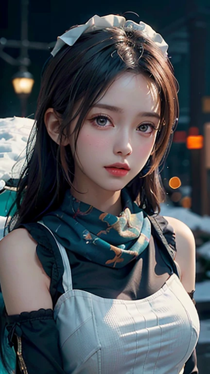 masterpiece,Highest quality,Official Art,Highly detailed CG Unity 8k wallpaper,Large Breasts, One girl, Upper Body, Face close-up,scarf, Maid, Snow Shelter,Exposure Blending, Medium Shot, Bokeh, (High resolution:1.4), High Contrast, (Cinematic, blue green and orange:0.85), (Calm colors, Dim color, Calm tone:1.3),