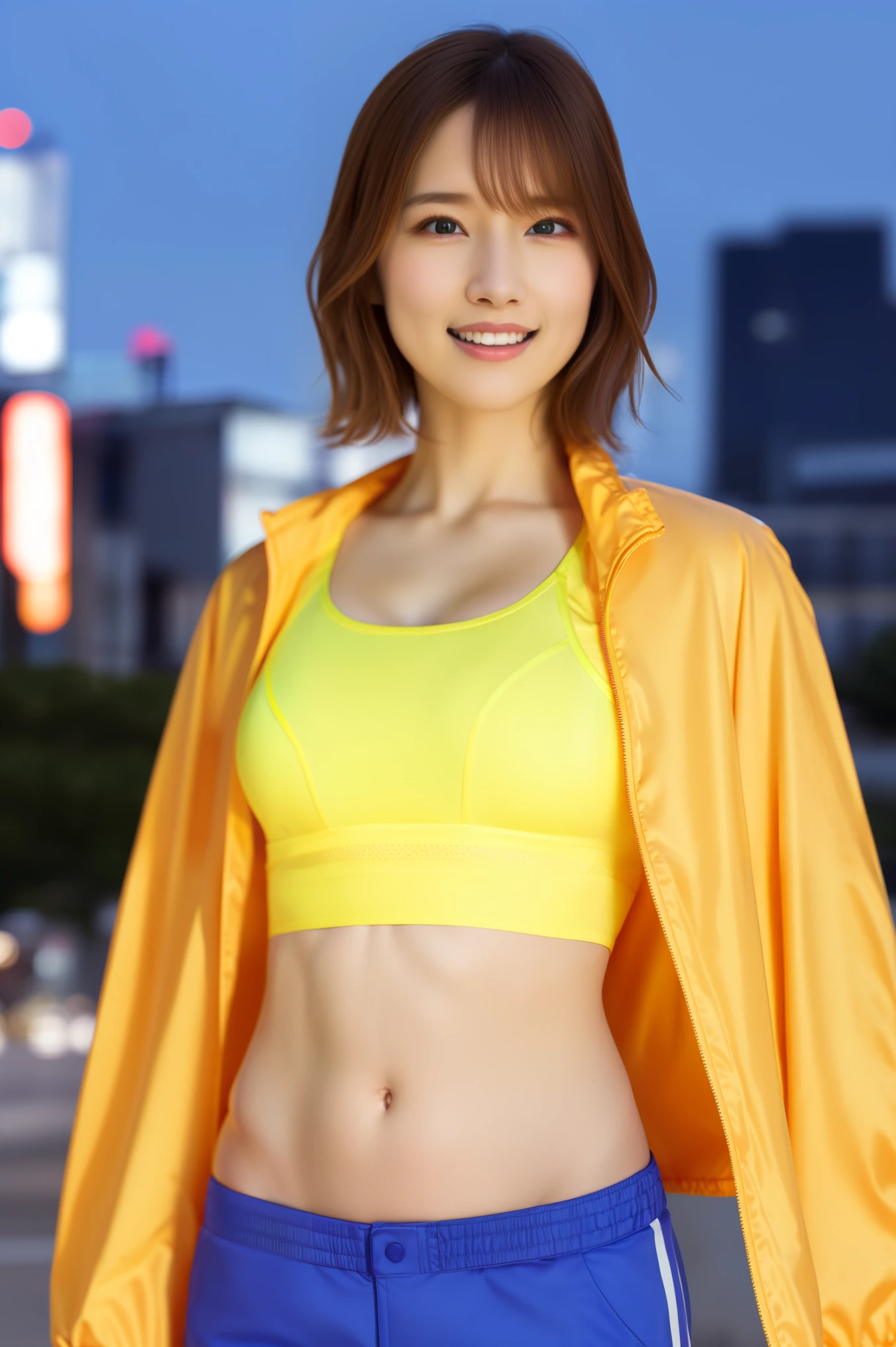 1girl,(wearing yellow jacket, open jacket, sports bra, bike shorts, midriff:1.2),(RAW photo, best quality), (realistic, photo-realistic:1.4), masterpiece, an extremely delicate and beautiful, extremely detailed, 2k wallpaper, Amazing, finely detail, extremely detailed CG unity 8k wallpaper, ultra-detailed, highres, soft light, beautiful detailed girl, extremely detailed eyes and face, beautiful detailed nose, beautiful detailed eyes,cinematic lighting,at a park,city lights at night,perfect anatomy,slender body, close up,short hair,big breasts,smile