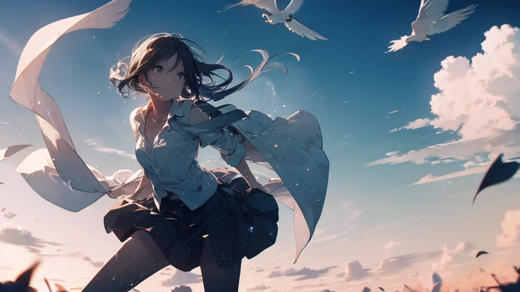 (One Girl, 28 years old:1.3), (Realistic:1.4), (masterpiece, Highest quality, Highest quality, Official Art), Very detailed, Most detailed, (Very detailedな), ((Very delicate and beautiful)), Cinematic Light, (Realistically:1.3), (Very detailedな肌:1.2), High resolution, 8k UHD, 4K, 8k, Bokeh, Digital single-lens reflex camera,（Cute older sister:1.3）、Long eyelashes、Slanted Eyes、Spring atmosphere、Troubled face、noon、Aggressive、((Strong winds))、 Dynamic Angle, From below, Moderately busty、Focus on the chest、 V-neck, Please spread your legs a little、Henry Shirt、skirt、Brown Hair、shy、Wet、rain、Gazing at the sky
