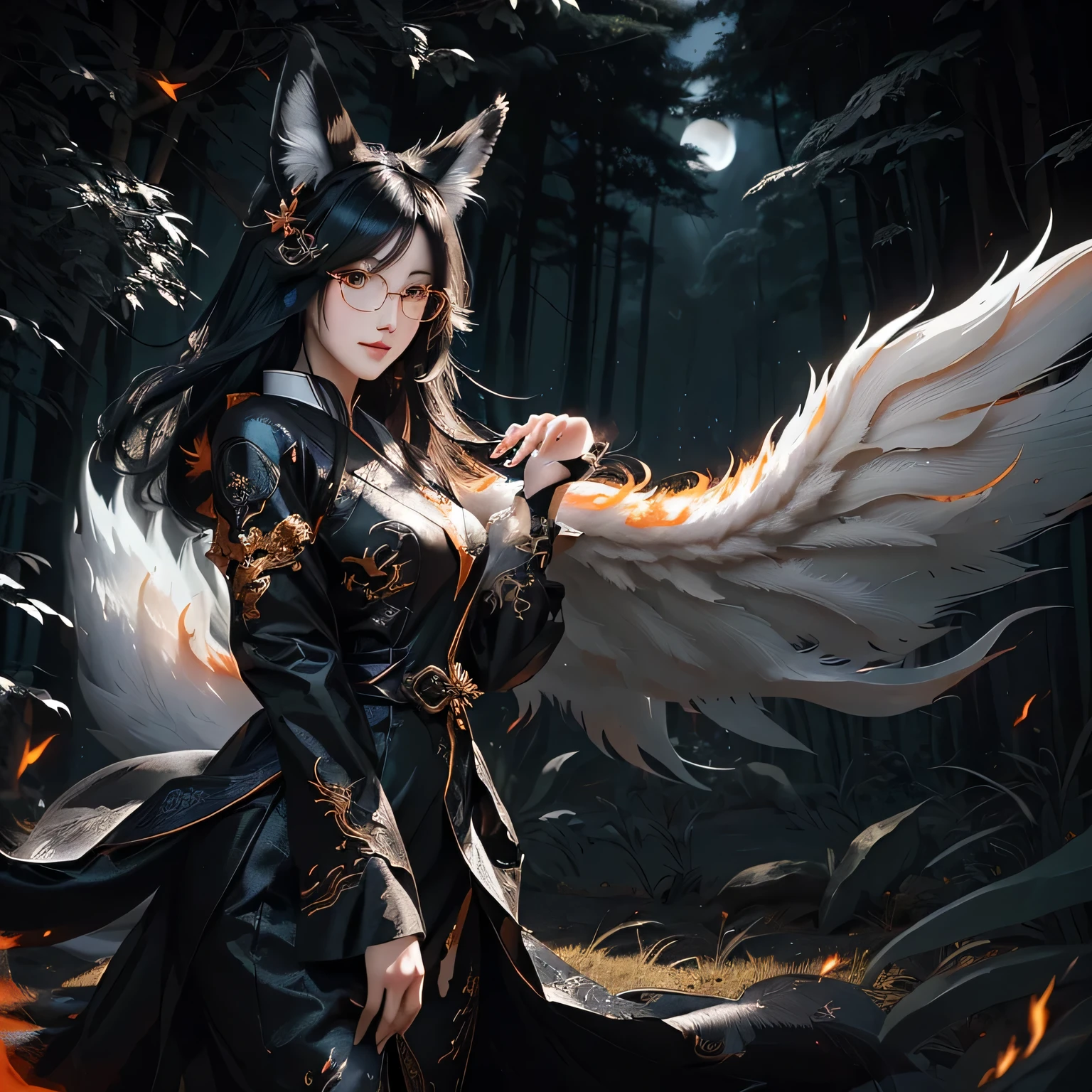 anime, anime girl, fox, wings, fire, black, white, black hair, black eyes, black dress, black hair, black wings, black hair, dark fox mage, by Yang J, anime art wallpaper 4 k, anime art wallpaper 4k, a beautiful fox lady, very very beautiful furry art, trending on art station pixiv, ahri A woman wearing a white suit, (divine beast) with a serpent dragon flying behind her, on a walk in a forest in the autumn period, dress shoes, circle glasses orange eyes, black hair, black kitsune ears, one black kitsune tail, smiling, small breasts, posture standing, daytime location, a view of the forest, background with small Chinese dragon, (divine beast dragon )orange filter,.UHD , prime work , accurate , anatomically correct , textured skin , super details , high quality , best quality, 8k, high resolution, bokeh effect. (woman solo