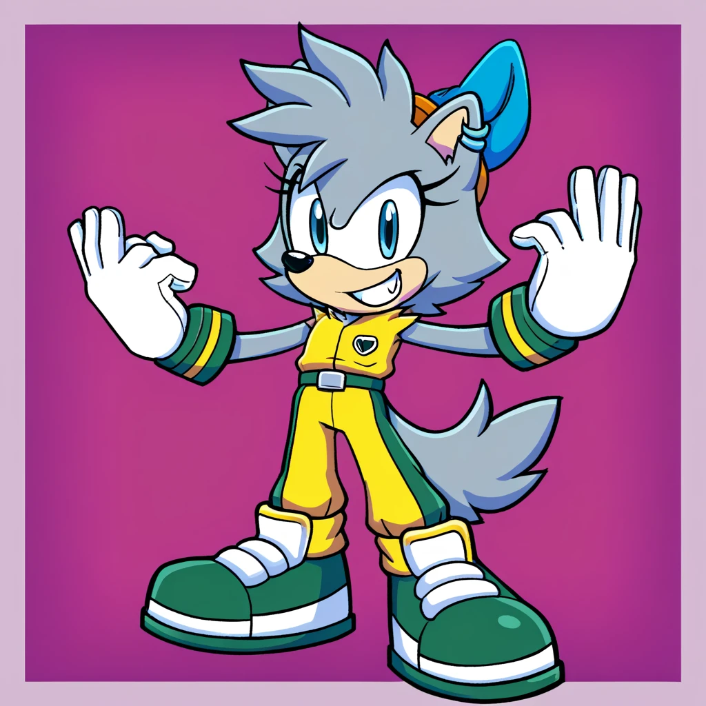 Custom avatar, Gadget the wolf, customcharacter, wearing sonics shoes, in the cyberspace, cgi backround, doing a dyamic pose,