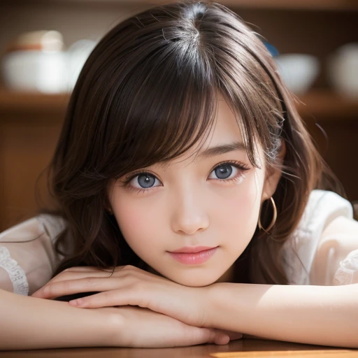 Beautiful consideration,Beautiful lip detail,Very detailed目と顔,Long eyelashes,young outline,Innocent smile,Realistic,photoRealistic:1.37,Very detailed,Professional,Vibrant colors,Studio Lighting,Sharp focus,Physically Based Rendering,High resolution,超High resolution、Wide composition、One girl、11 years old、blue eyes, Long Hair，Curly Hair、Black Hair，Lower eyelids，White dress，Professionalフィール，The background is inside a coffee shop.、Coffee beans lined up on a cupboard in the background、Place the cake near the audience、Holding a cup of coffee in one hand、Place a retro camera on the edge of the desk