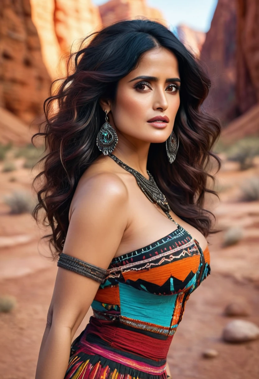 Beautiful boho women stunning merge of Salma Hayek. with colorful southwestern style dress. colorful southwestern earing and. jewelry dark-black colored hair that is coarse, wiry, and tightly curled. It often has a rough texture, feels stiff to the touch, and may be prone to frizz and tangling. The curls can be densely packed. The Official Art – An Award-Winning Digital Masterpiece In 4K Ultra HD, Extreme Detail And Intricate Realism. symmetrical face. This Concept Art Brought To Life By The Hands Of Artists Like Wlop & Artgerm In A Stunning 2D Vector Illustration. large, perky, full, vuluptious, symmetrical and spherical breasts. Background is a beautiful panoramic vista of a red rock canyon.