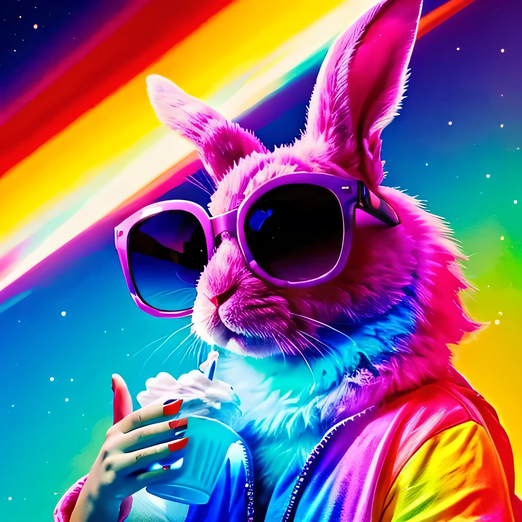 A mysterious large monitor emitting dazzling psychedelic flashes Colorful soft serve ice cream and a very cute rabbit wearing sunglasses