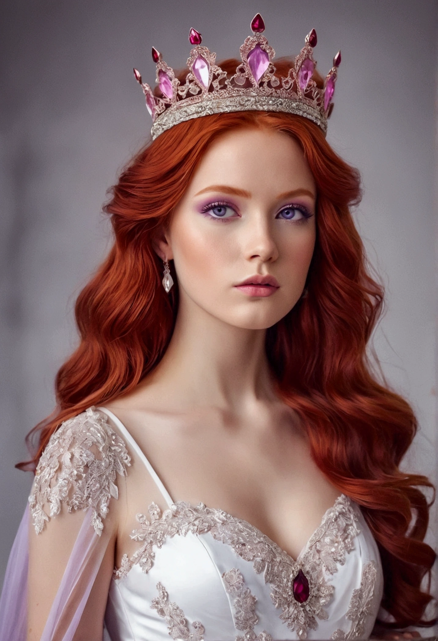 A beautiful woman with red hair , violet eyes , boca rosa pink , white thin waist dress a beautiful long princess dress with a crown on her head 