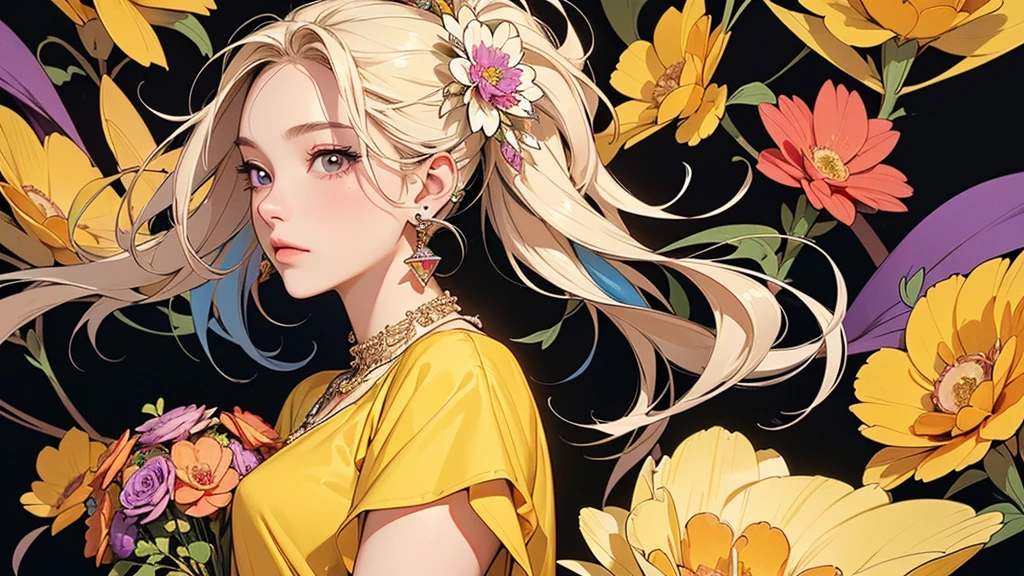 32K, 最高quality, 最高masterpiece, (ultra-Detailed Background, Detailed Background), Absurd, High resolution, Super detailed, Very detailedな, One girl, (bouquet:1.3), (Tangled:1.2), (Geometric:1.2),(colorful),(masterpiece, quality, best quality, Official Art, Beautiful and beautiful:1.2), (1 girl:1.3), Very detailed,(colorful:1.1)(Flowers:1.3),Most detailed,(Tangled:1.2), whole body, (Abstract background:1.3), (Skin glows), (Many colors:1.4), ,(Earrings Jewelry:1.5), Pale yellow background,