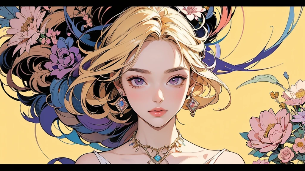 32K, 最高quality, 最高masterpiece, (ultra-Detailed Background, Detailed Background), Absurd, High resolution, Super detailed, Very detailedな, One girl, (bouquet:1.3), (Tangled:1.2), (Geometric:1.2),(colorful),(masterpiece, quality, best quality, Official Art, Beautiful and beautiful:1.2), (1 girl:1.3), Very detailed,(colorful:1.1)(Flowers:1.3),Most detailed,(Tangled:1.2), whole body, (Abstract background:1.3), (Skin glows), (Many colors:1.4), ,(Earrings Jewelry:1.5), Pale yellow background,