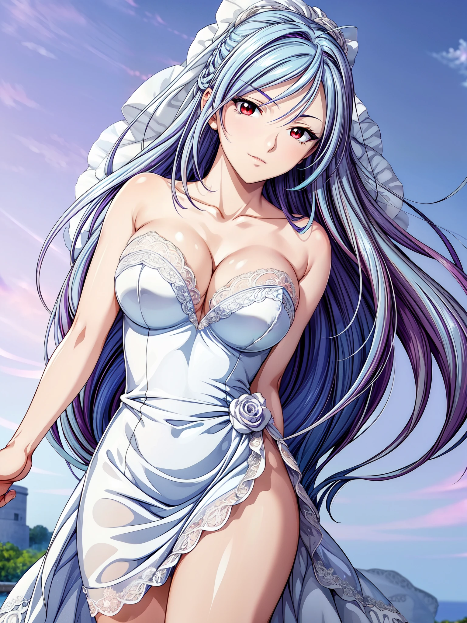 Armpit Show,View your viewers,(masterpiece, Highest quality, beautifully、aesthetic:1.3), look back, Side view, 1 Female, alone, Mature Woman, (Silver-blue hair with purple stripes:1.4), (Gradient sky blue hair tip:1.6), hair, Ridiculously long hair, Single Side Lock, Wavy Hair, Shiny Hair, Floating Hair, (Bright red eyes), Delicate eyes, Aqua Eye, Very fine eye, Long upper eyelashes, compensate, Focus on the face, Very detailedフェイシャル, Perfect breasts, Hot body, (Delicate skin texture:1.2), Bridal Veil, lace trim dress, See through, Wedding dress, Outdoor, White Rose, garden, morning, Are standing, Very detailed,