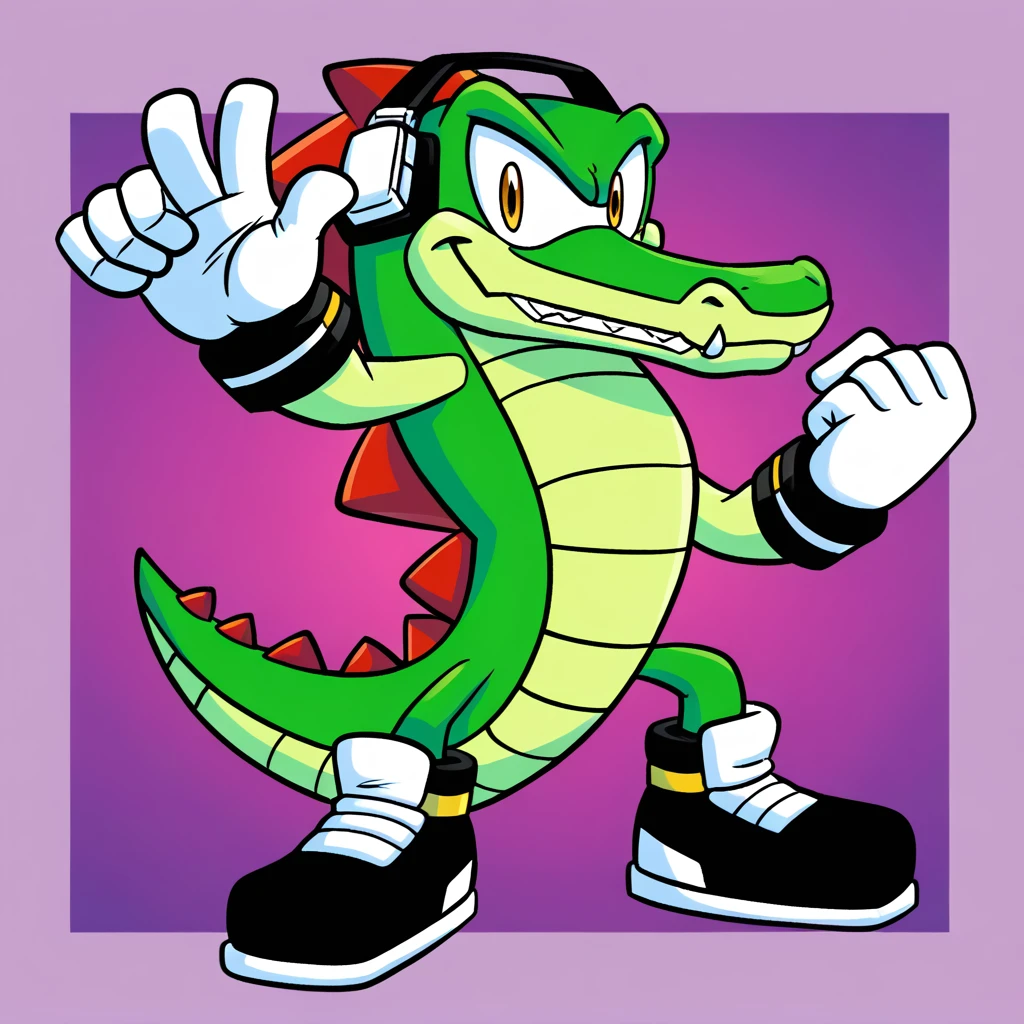 Custom avatar, vector the alligator character, wearing black shorts, in the cyberspace, cgi backround, doing a dyamic pose,