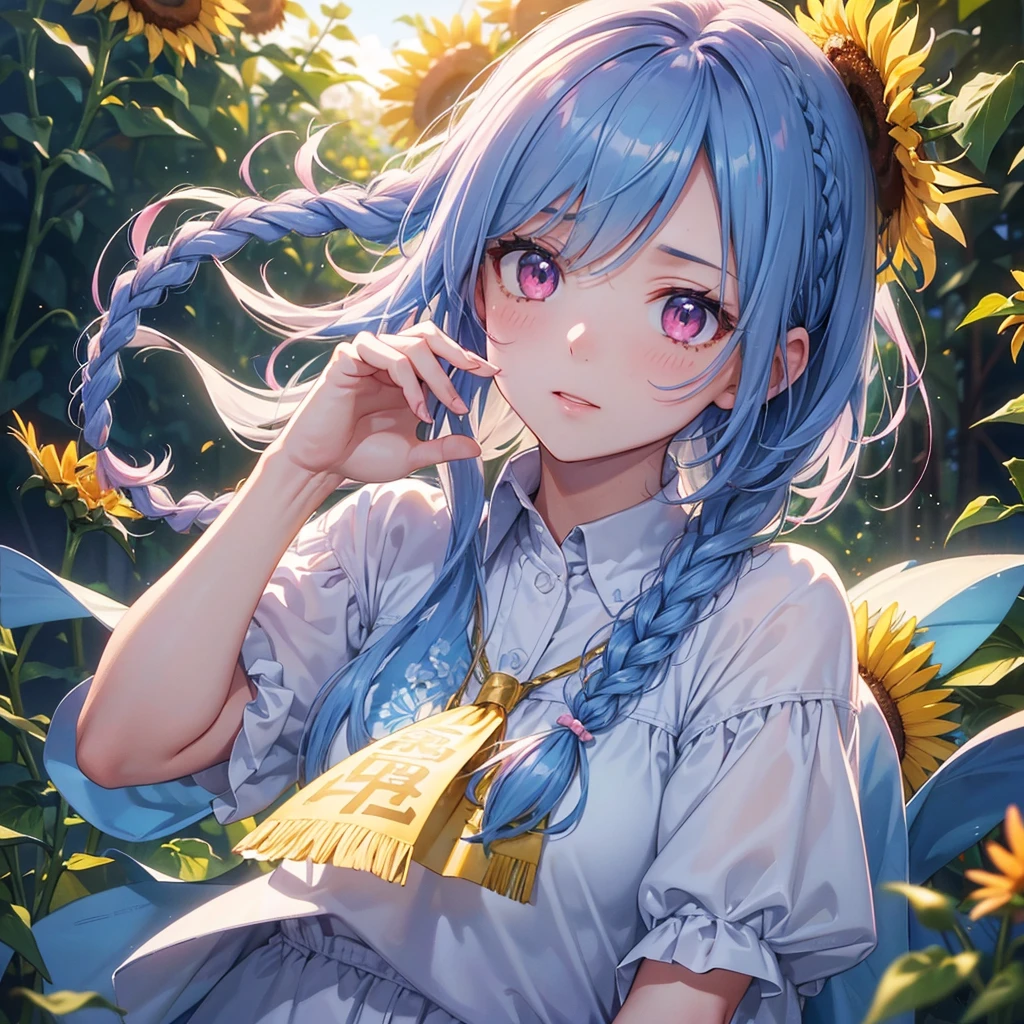 (Sky blue medium hair:1.2),(Braiding:1.2),(Pink Eyes),Fair skin ,(whole body),(One Girl),buzzer,Hide and seek in the sunflower field、Denim clothing、Bangs peeking through the gaps in the sunflowers,Wipe away sweat,Wink,(masterpiece, Highest quality, Very detailed, Best Shadow), (Detailed Background), (Beautifully detailed face), High Contrast, (Best lighting, Very delicate and beautiful), ((Cinematic Light)), colorful, Hyper Detail, 8k、Dramatic Light, Intricate details,buzzerの暑い日差し,