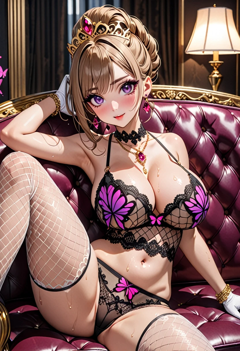 (((Highest quality, Ultra-high resolution、The most complex and detailed depiction)))、((masterpiece:1.3)), (8k, RAW Photos, Best image quality: 1.4), (Very detailedな顔、Attention to detail、Cute woman:1.4),(Realistic:1.4) (8k, RAW Photos,), (photo-Realistic:1.4), Very detailed, Beautiful attention to detail, (girl:1.3)、(Embarrassing、He looks at me with a sad expression、Ecstatic expression,blush)、(Dark eyeliner、Eyelash length、False eyelashes、double eyelid、Brown eyes),(hostess:1.2),((Purple and dark pink butterfly pattern bra)、(Purple and dark pink butterfly pattern panties))、(Gorgeous ruby necklace、Large gold earrings)、(Gold bracelet、A gorgeous gold tiara studded with jewels)、((Sheer white lace skirt、Mesh fabric、Fishnet tights),(White opera gloves))、(High heels),(Huge breasts:1.6)、(Cleavage:1.2)、(((Light brown hair、Braided Hair、((Tie your hair up,Give hair))、Gal-style makeup、(Dark eyeliner、Black eyeliner、Heavy eye makeup、Eyelash length、False eyelashes、Eyelash length)、Slit eyes、Large pupils、elongated nose、Heavy makeup、Face with gills、(((Perfect Style)))、Spread your legs座る、Spread your legs、sexy、(Saggy breasts、Large saggy breasts)、((Sweat、Your body is wet))、(((Luxurious black sofa、Spread your legs座っている)))