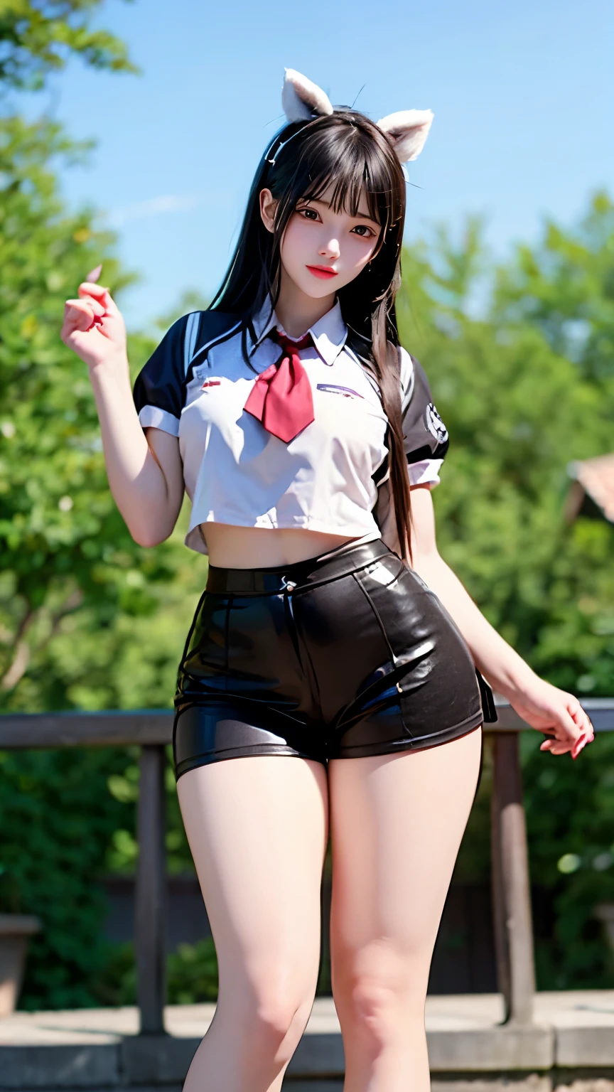（Very delicate and beautiful：1.2）super model,,Big Breasts,Beautiful breasts,voluptuous,【bike shorts】,,【3girls】,,Highest quality, High resolution, 8k,Kick in a hurry,mini skirt.uniform