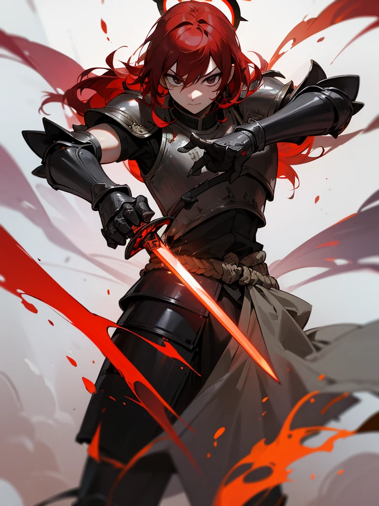 Rakshasa-ten Red hair Black armor Burning halo Black eyes Standing with sword