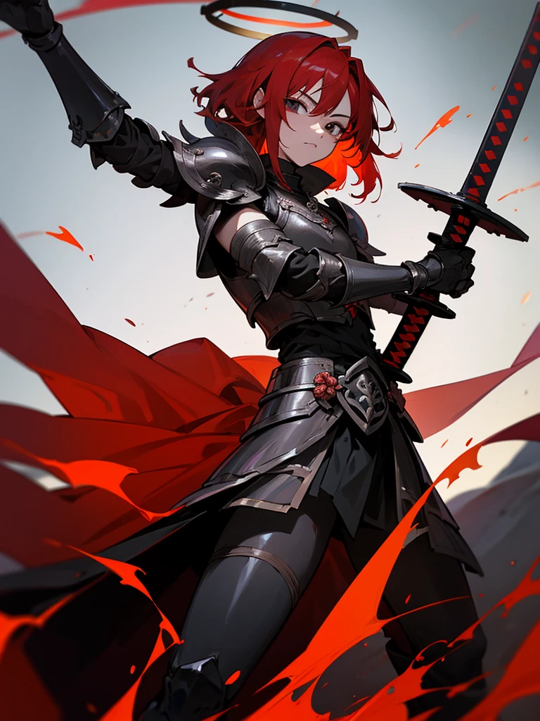 Rakshasa-ten Red hair Black armor Burning halo Black eyes Standing with sword