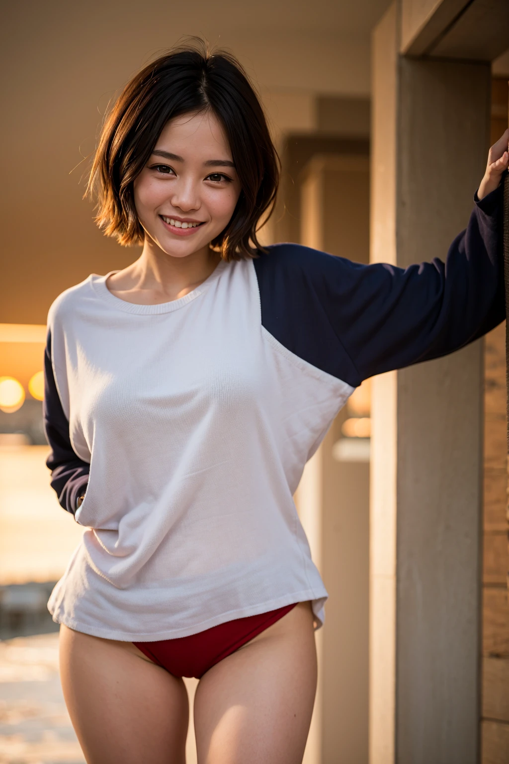 Top quality, 1 beautiful woman, pixie cut, shy smile, sunset