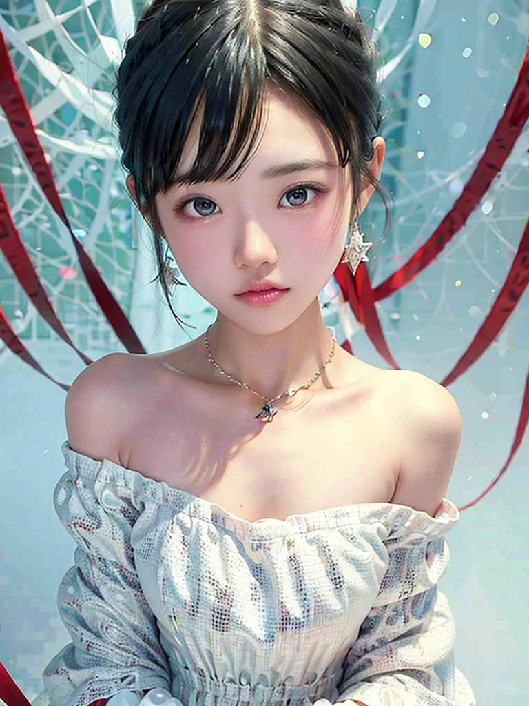 8k,Confused, High resolution, Very detailed, 1 girl, alone, Very beautiful eyes, Ultra-precise depiction, artistic、Very detailed depiction, (Tangled:1.2), , (White high key background:1.5), (((Red off-shoulder dress 1.5))), 、 short hair、Earrings and Necklaces、Platinum Blonde Hair, (Glowing Skin), Many colors, , (Shooting from above:1.2),、Flat Body、slim、cute、、Round face、Cast a Shadow、、Smile 1.3