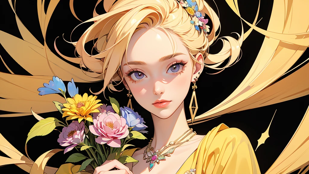 32K, 最高quality, 最高masterpiece, (ultra-Detailed Background, Detailed Background), Absurd, High resolution, Super detailed, Very detailedな, One girl, (bouquet:1.3), (Tangled:1.2), (Geometric:1.2),(colorful),(masterpiece, quality, best quality, Official Art, Beautiful and beautiful:1.2), (1 girl:1.3), Very detailed,(colorful:1.1)(Flowers:1.3),Most detailed,(Tangled:1.2), whole body, (Abstract background:1.3), (Skin glows), (Many colors:1.4), ,(Earrings Jewelry:1.5), Pale yellow background,