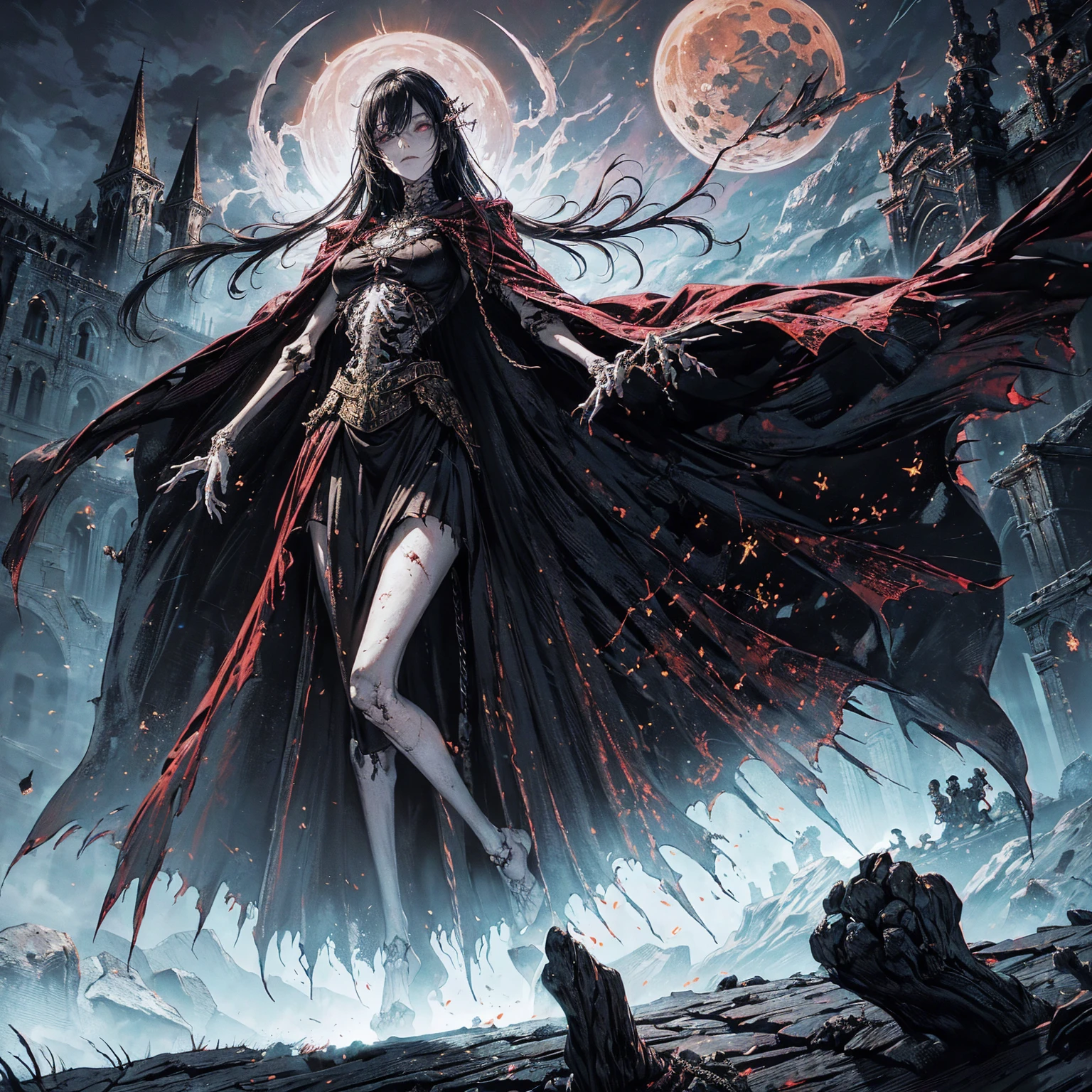 (full body:1.5), (wide shot:1.2), best quality, 4K, high resolution, (masterpiece:1.2), Very detailed, (actual:1.37), (anatomically correct:1.2), Mood lighting, A black hair young undead girl in a long cape, Whole body including hands & arms & legs & feet are all skeleton bones but except the head is still beautiful human face, Wearing a ragged gothic skirt, Shaded expression, Aloofness emotion, Dangerous sneer, beautiful but sorrowful smile, Black tears of blood flowed from eyes, lean on one side floating above ground, Facing the camera, Crucified, Pitch black sky, Blood-red moon, strange atmosphere, Gothic style, Unforgettable beauty, Dramatic shadows, Ethereal Light, Mysterious atmosphere, Necromancer, Dark Magic, Resurrection of the Dead, Resurrected zombies and skeletons roaming around, bone dragon, pathfinder: wrath of the righteous: lich myth path.