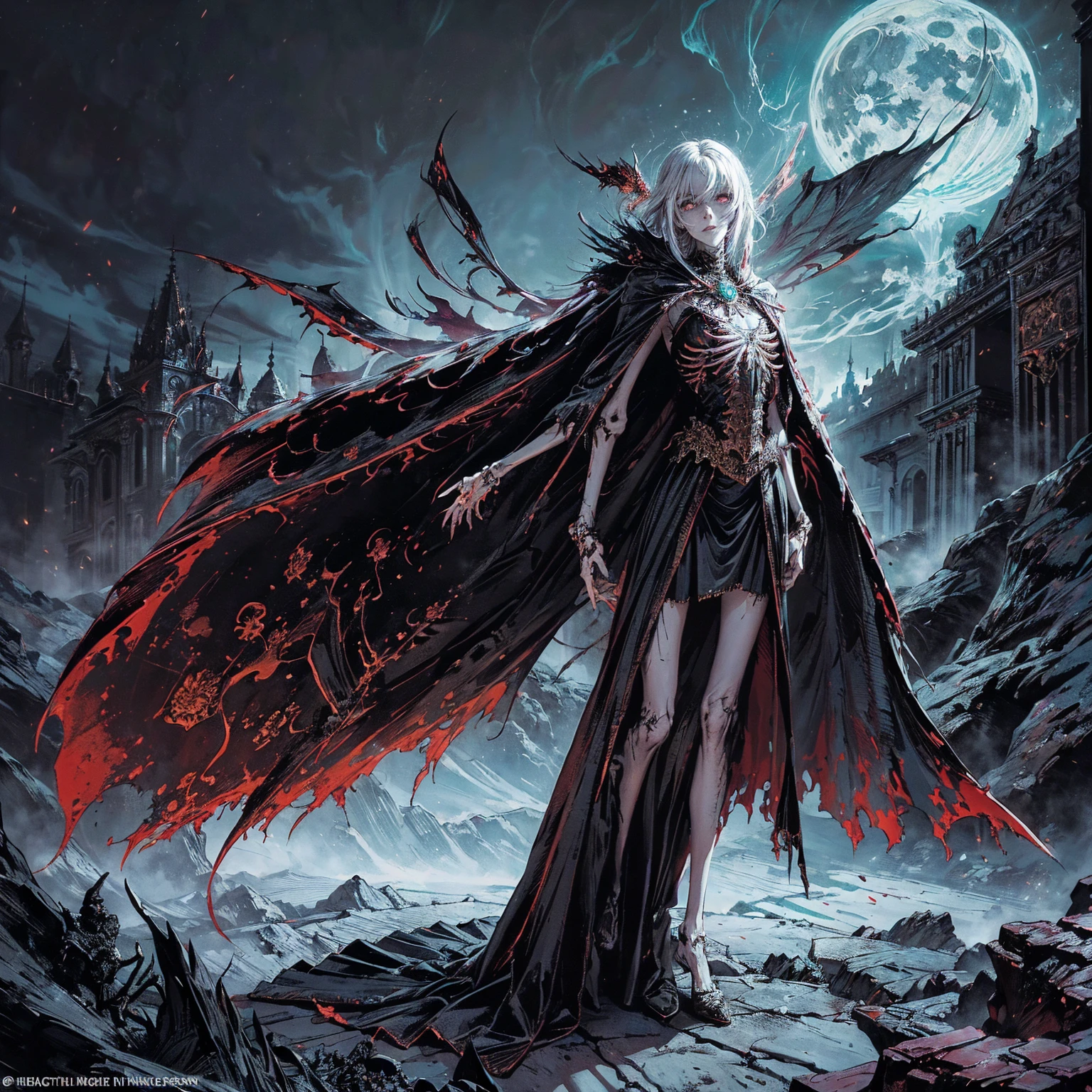 (full body:1.5), (wide shot:1.2), best quality, 4K, high resolution, (masterpiece:1.2), Very detailed, (actual:1.37), (anatomically correct:1.2), Mood lighting, A black hair young undead girl in a long cape, Whole body including hands & arms & legs & feet are all skeleton bones but except the head is still beautiful human face, Wearing a ragged gothic skirt, Shaded expression, Aloofness emotion, Dangerous sneer, beautiful but sorrowful smile, Black tears of blood flowed from eyes, lean on one side floating above ground, Facing the camera, Crucified, Pitch black sky, Blood-red moon, strange atmosphere, Gothic style, Unforgettable beauty, Dramatic shadows, Ethereal Light, Mysterious atmosphere, Necromancer, Dark Magic, Resurrection of the Dead, Resurrected zombies and skeletons roaming around, bone dragon, pathfinder: wrath of the righteous: lich myth path.