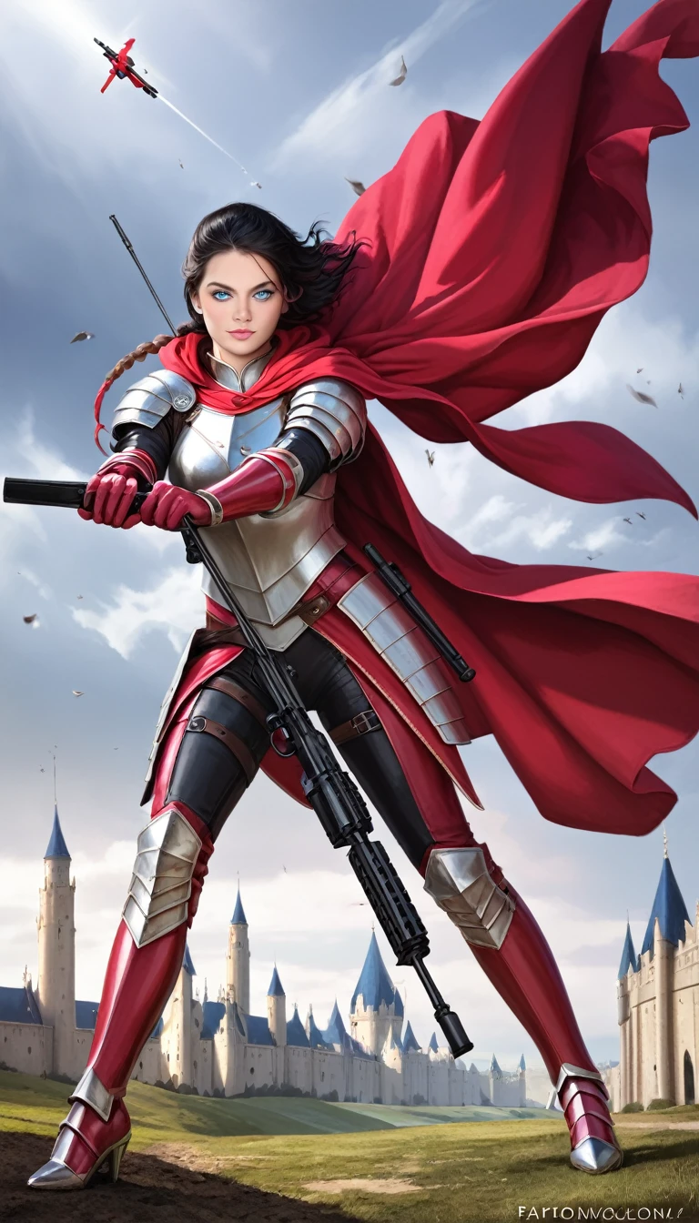 Realistic comic book image of a halfling female with short braided black hair, very pale skin, blue eyes, wearing leather armor and a crimson cloak, shooting a crossbow, in a Castle courtyard at noon