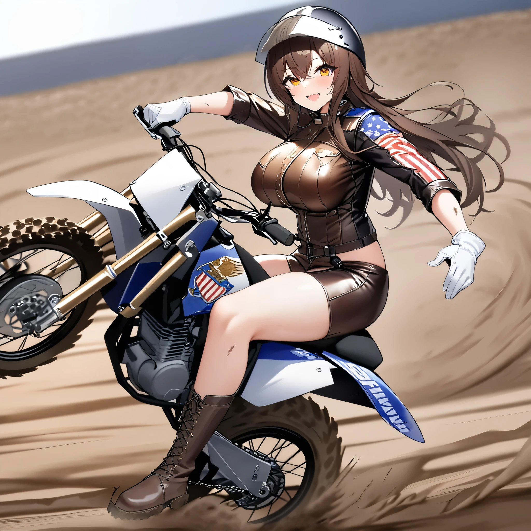 A woman wearing a leather motocross uniform, brown uniform with black details, wearing a motocross helmet, orange eyes, brown hair, big breasts, black leather boots, United States coat of arms on her arm, white gloves, smiles, riding a motocross bike, mud track, Azur_lane, USS_Baltimore. 
