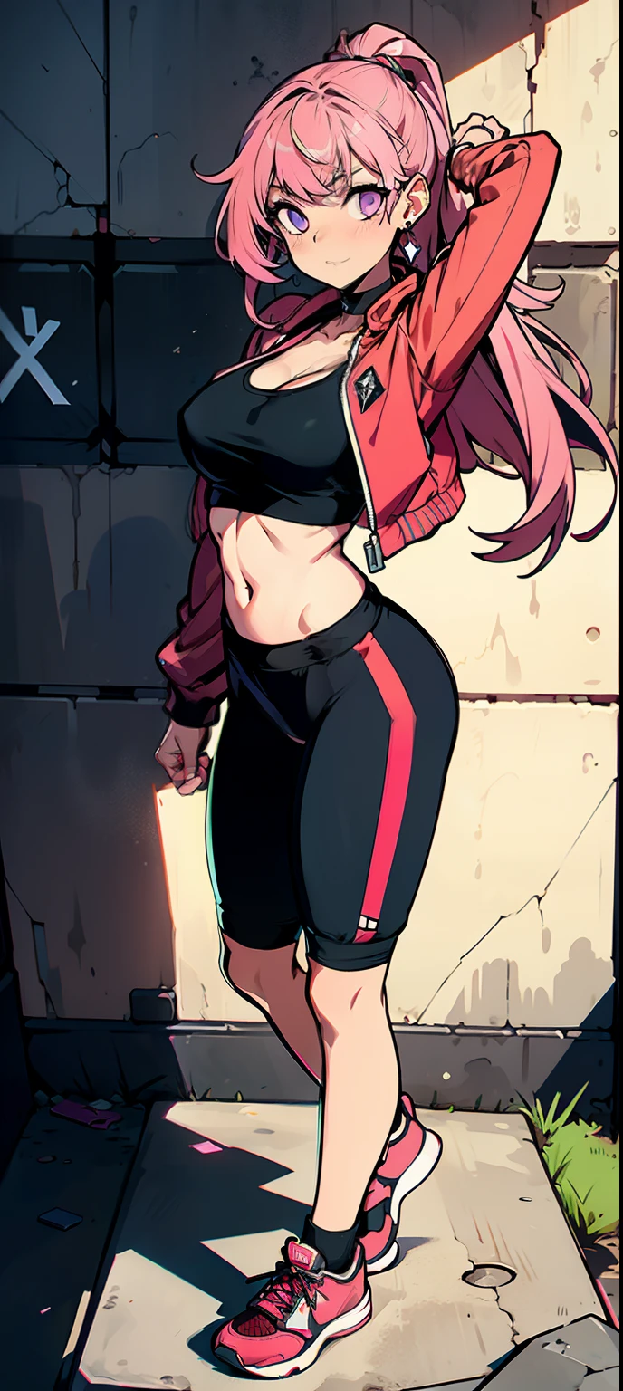 (masterpiece, best quality, 1girl, solo, intricate details, chromatic aberration), realistic, ((medium breath)),long hair, pink hair, red head ornament, pink highlights, hair over one eye,purple eyes, earrings, sharp eyes, choker, neon shirt, open jacket, crop top, (symmetry eyes),(perfect symmetrical body),against wall, brick wall, graffiti, dim lighting, alley ,look at viewer, woman at a gym, cute, front Pose, fitness girl, standing, erect Pose, symetrical, fitness model, skinny, Red sneakers, best qualityer, relaxed arms, hands down, ankle, fullbody view, stand straight with your back upright. Keep your shoulders back and maintain a straight line from your head to your feet, symmetrical frontal view, face aligned,