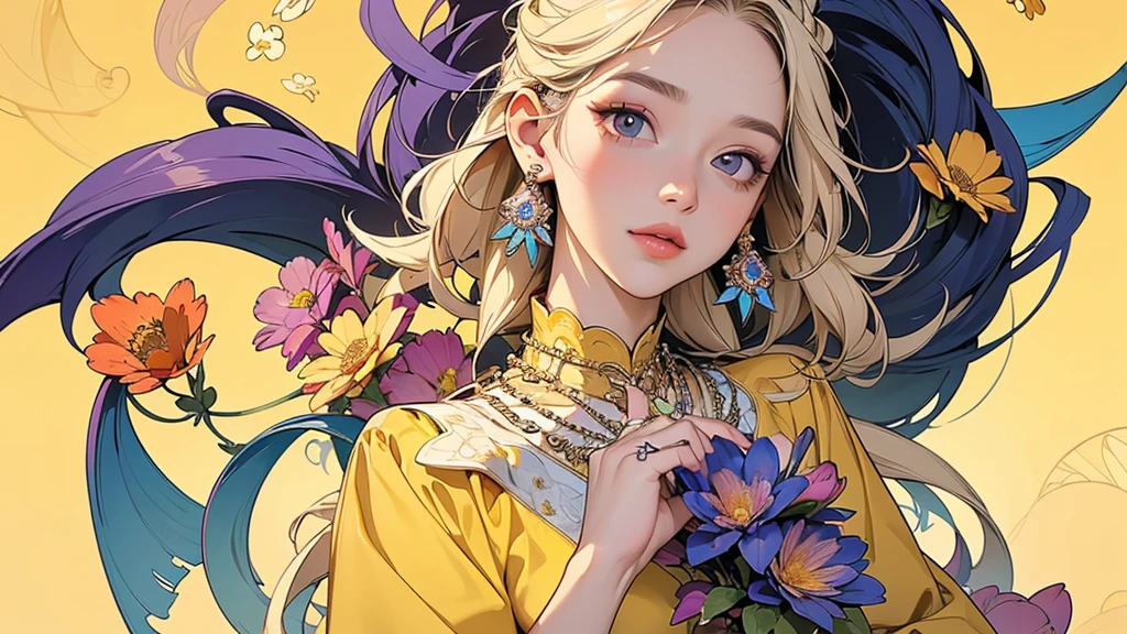 32K, 最高quality, 最高masterpiece, (ultra-Detailed Background, Detailed Background), Absurd, High resolution, Super detailed, Very detailedな, One girl, (bouquet:1.3), (Tangled:1.2), (Geometric:1.2),(colorful),(masterpiece, quality, best quality, Official Art, Beautiful and beautiful:1.2), (1 girl:1.3), Very detailed,(colorful:1.1)(Flowers:1.3),Most detailed,(Tangled:1.2), whole body, (Abstract background:1.3), (Skin glows), (Many colors:1.4), ,(Earrings Jewelry:1.5), Pale yellow background,