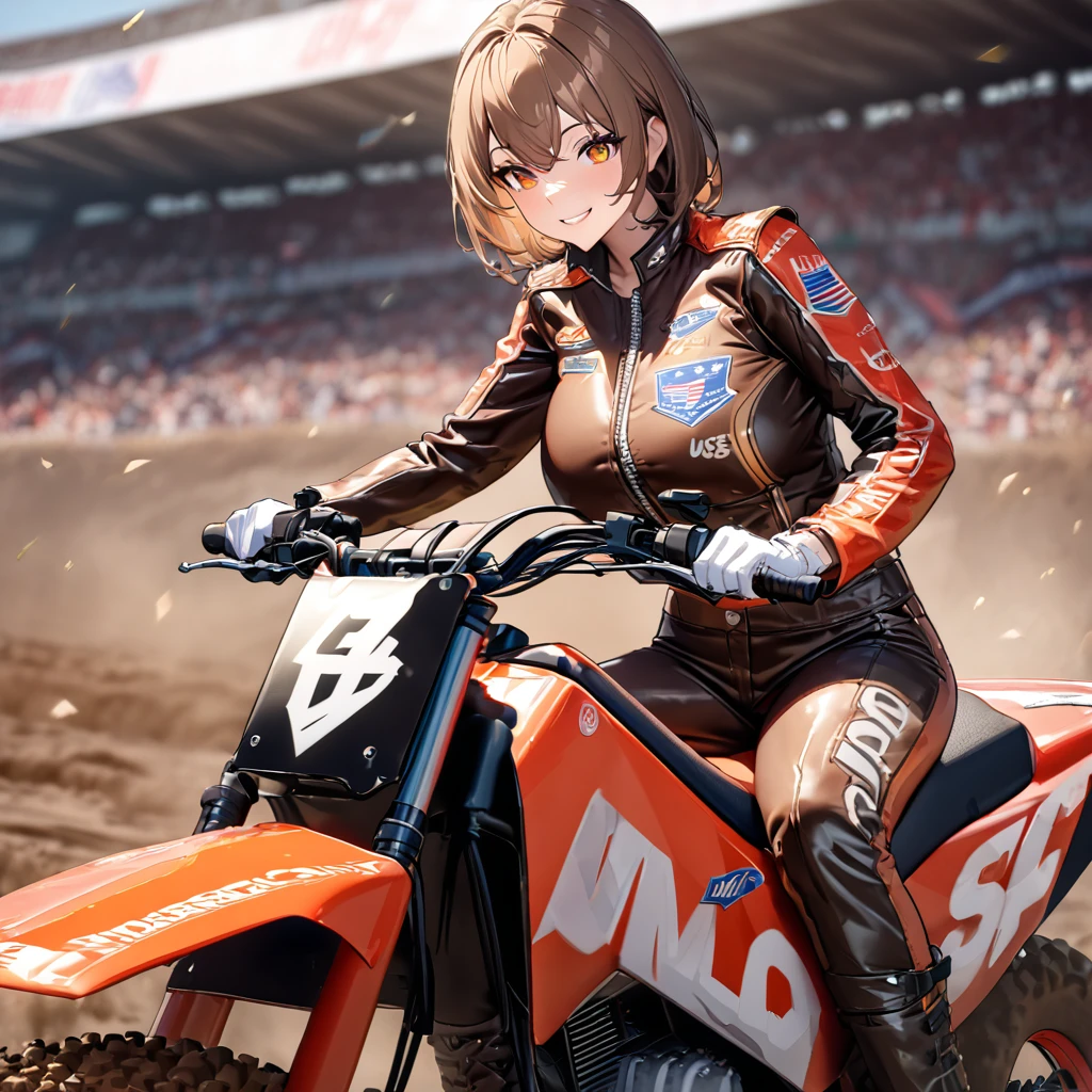 A woman wearing a leather motocross uniform, brown uniform with black details, wearing a motocross helmet, orange eyes, brown hair, big breasts, black leather boots, United States coat of arms on her arm, white gloves, smiles, riding a motocross bike, mud track,UHD , prime work , accurate , anatomically correct , textured skin , super details , high quality , best quality, 8k, high resolution, bokeh effect.