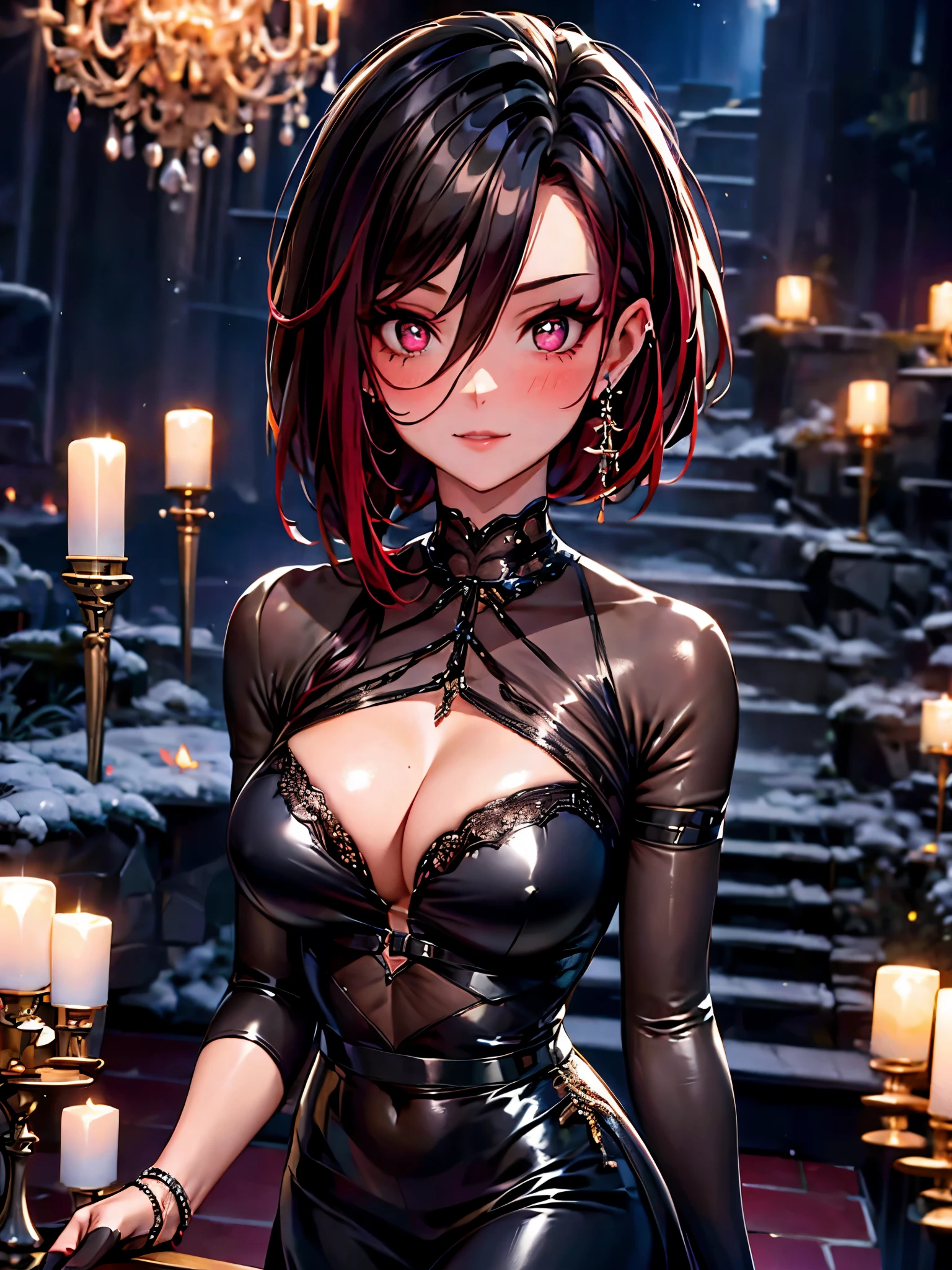 mature woman, 1 girl, alone, solo (masterpiece, best quality, very detailed), sharp focus, detailed face, face focus, focus on face, very detailed eyes, long black cyclamen hair, (cyclamen highlights: 1, 3), side bottom braid, cyclamen red eyes, (sparkling eyes: 1,2), long eyelashes, (strong blush: 1,2), delicate makeup, ((ball lace dress, long skirt, lace, elegant)), Crusader earrings, ear piercing, cinematic lighting, edge lightning, shading, dynamic angle, sharp image, perfect quality, perfectly crafted background, beautiful warm lights, sexy, ballroom, castle, dancing in ballroom, Crystal chandelier, close-up, portrait, solo, flowes